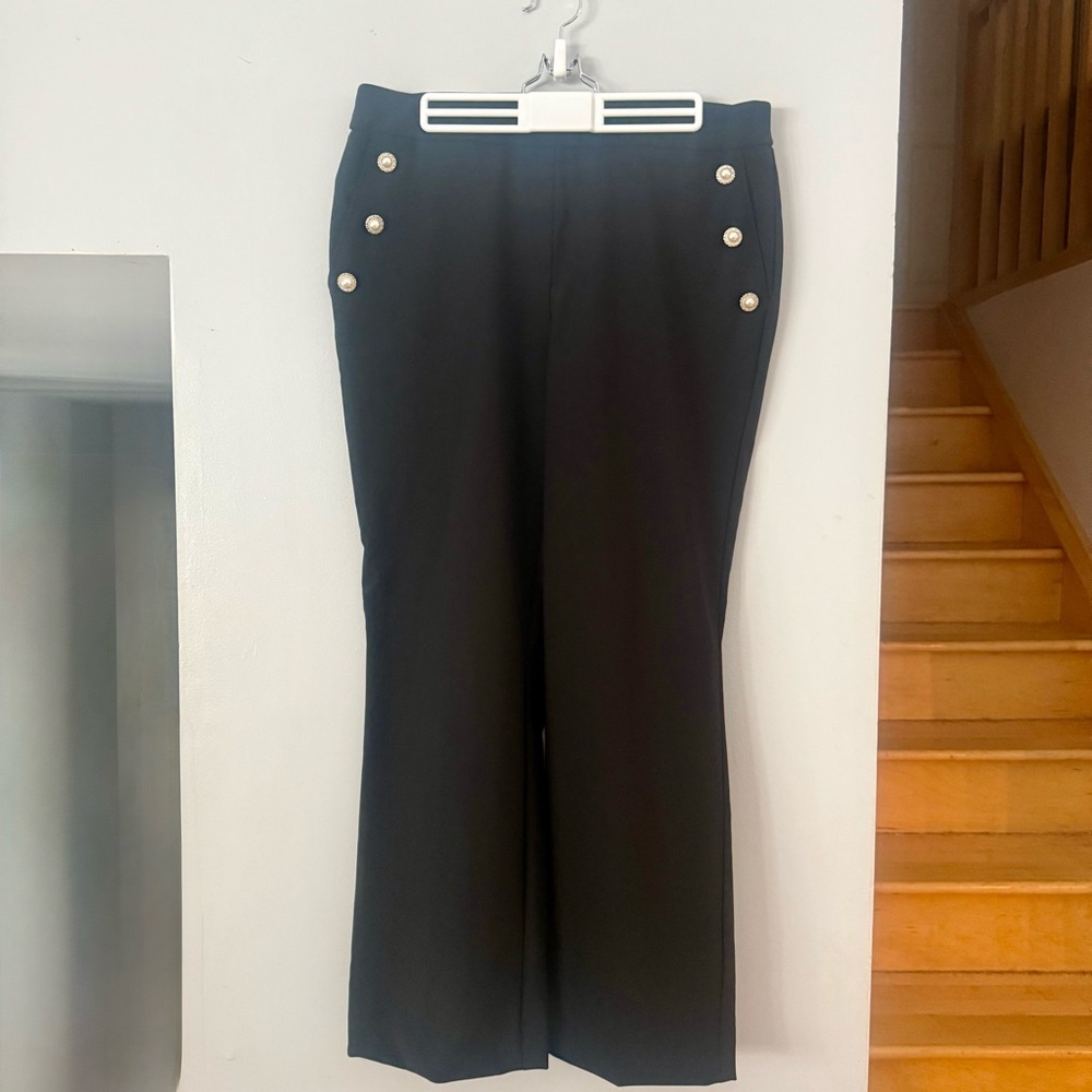 Rachel Zoe Rich Mom Chic Black Wide Leg Pants with Pearl Gold Buttons